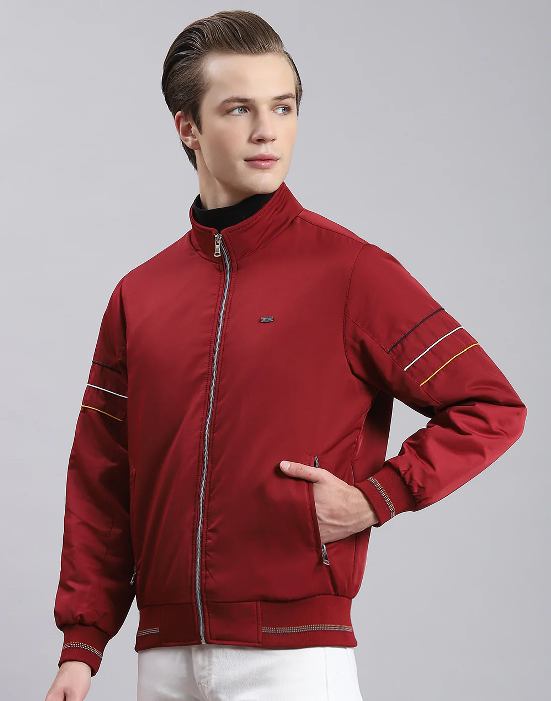 Men Maroon Solid Stand Collar Full Sleeve Jacket - Image 3