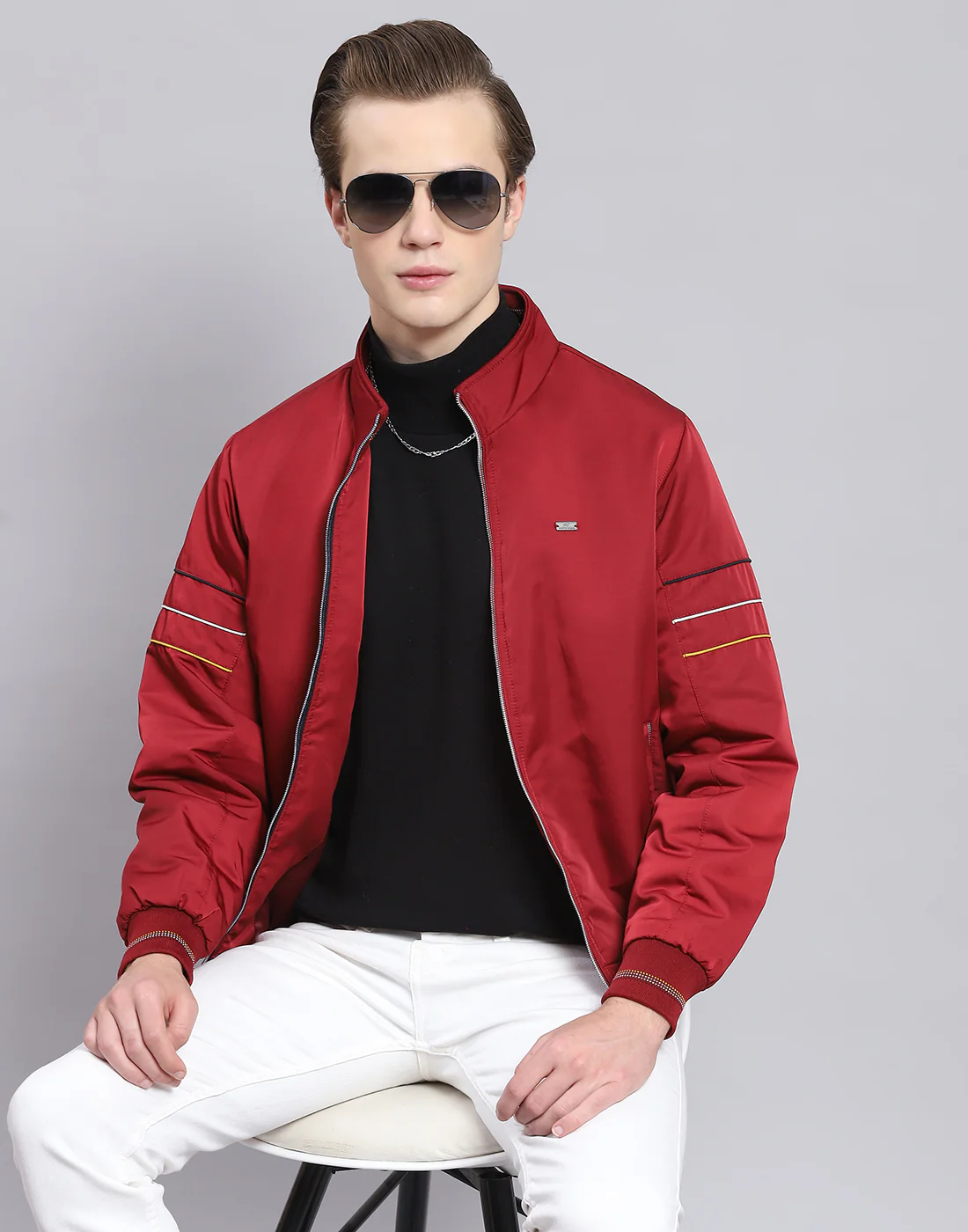 Men Maroon Solid Stand Collar Full Sleeve Jacket - Image 6