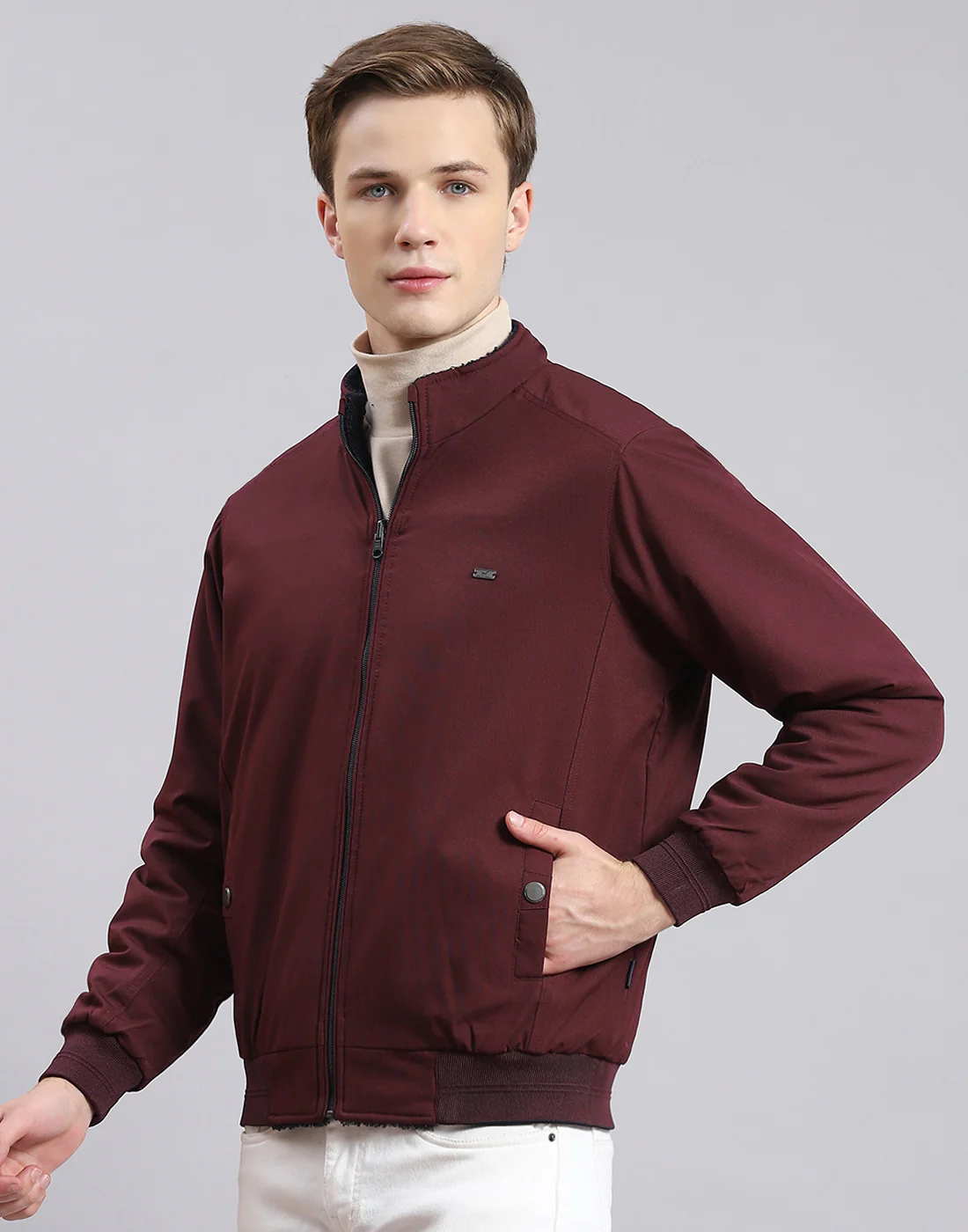 Men Maroon Solid Stand Collar Full Sleeve Jacket - Image 4