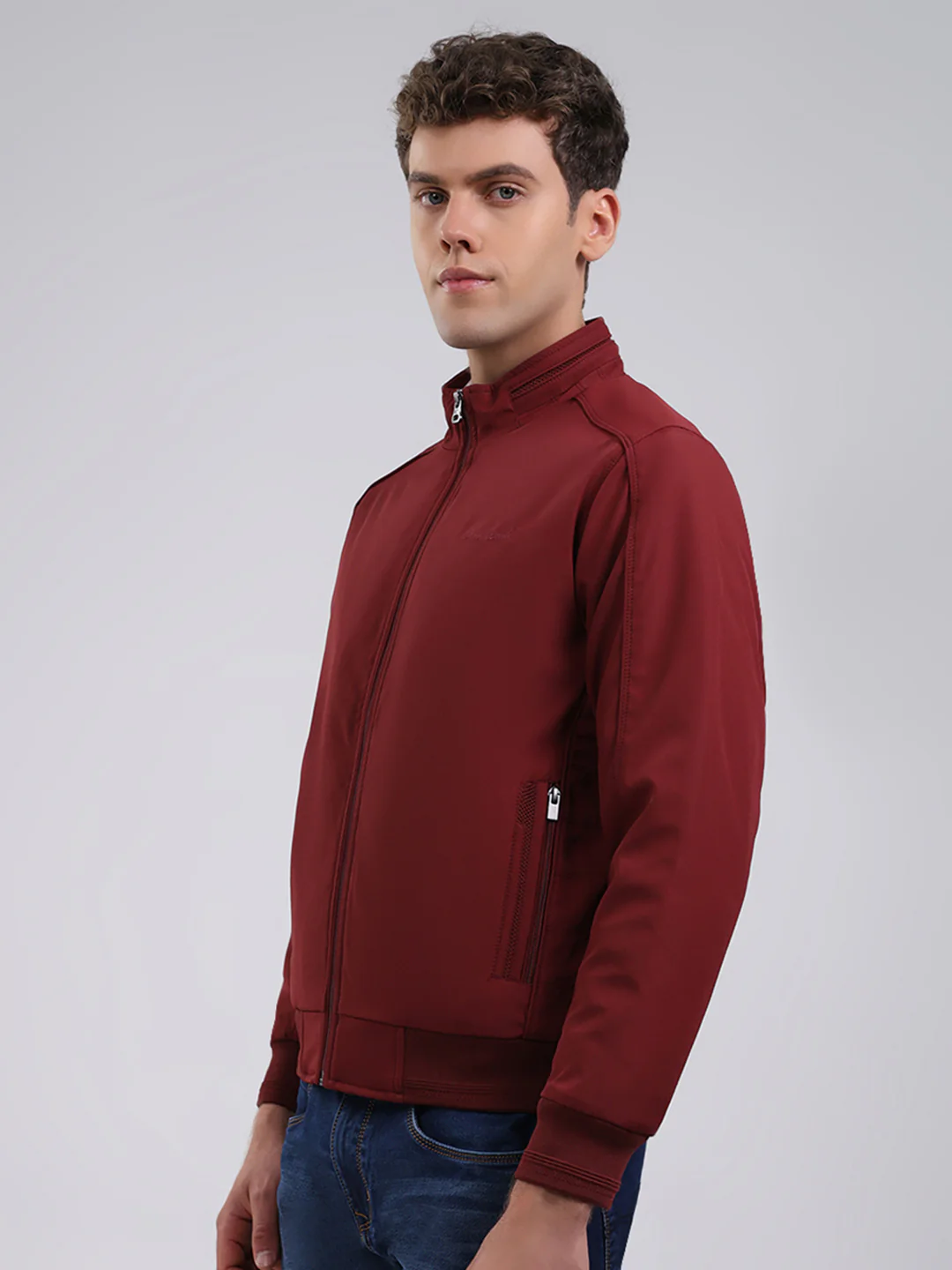 Men Maroon Solid Stand Collar Full Sleeve Jacket - Image 3