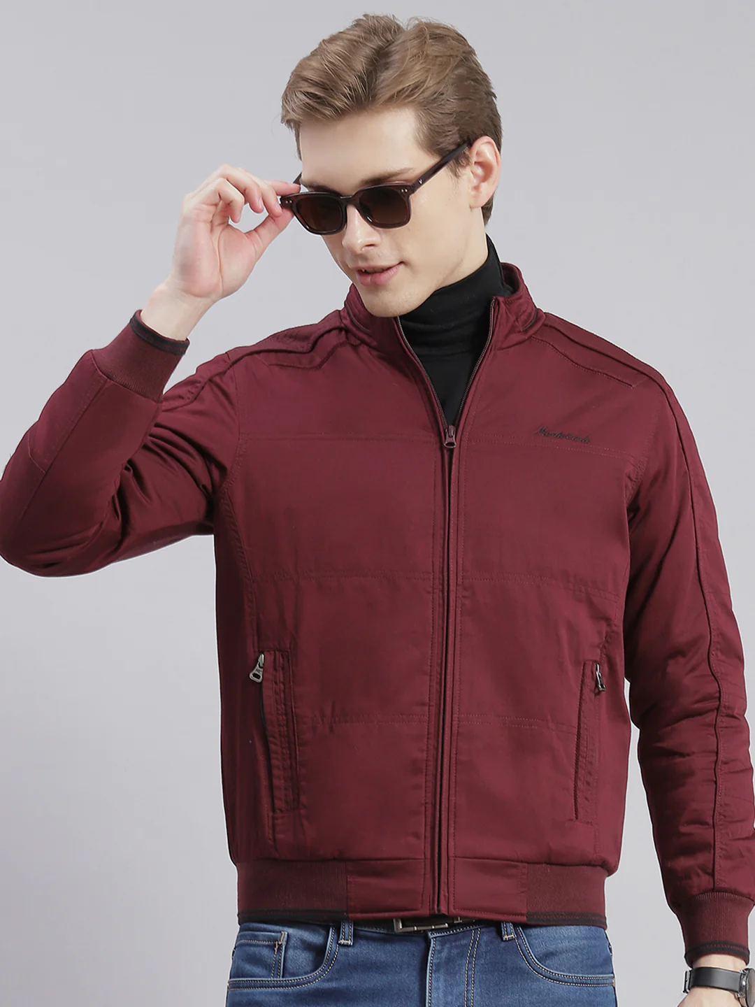 Men Maroon Solid Stand Collar Full Sleeve Jackets - Image 2