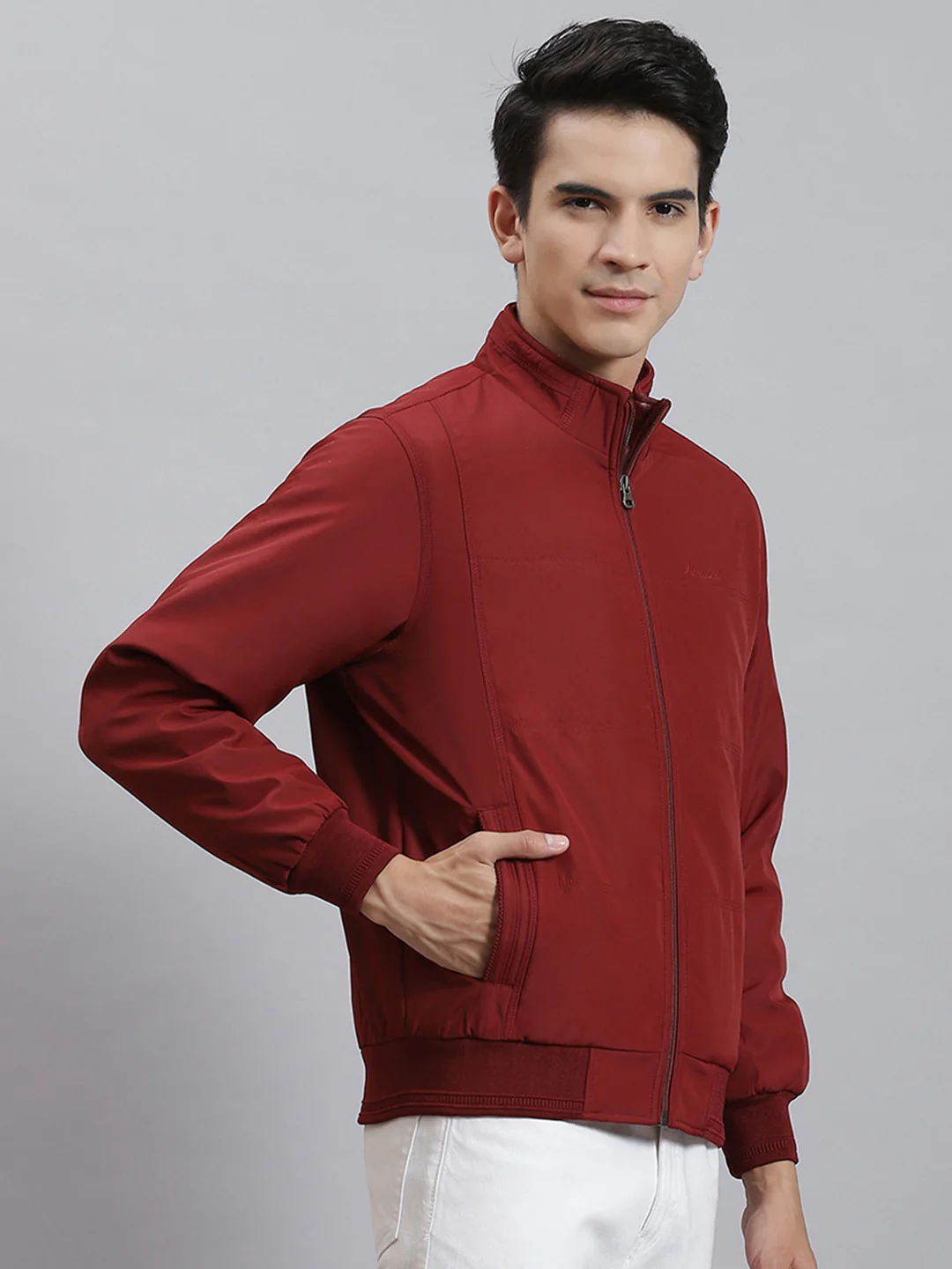 Men Maroon Solid Stand Collar Full Sleeve Jackets - Image 4