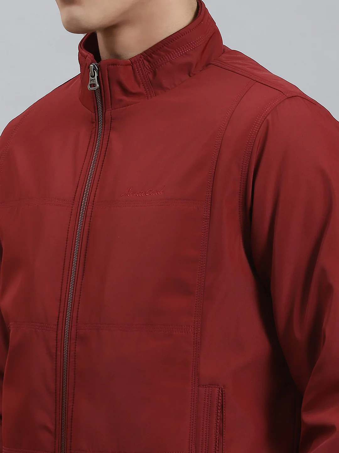 Men Maroon Solid Stand Collar Full Sleeve Jackets - Image 6