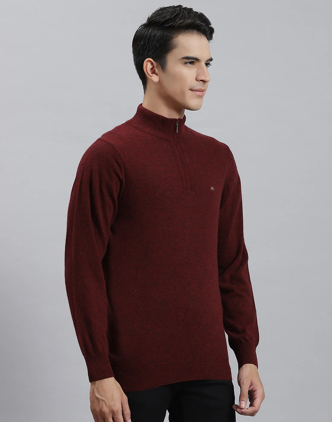 Men Maroon Solid Stand Collar Full Sleeve Pullover - Image 4