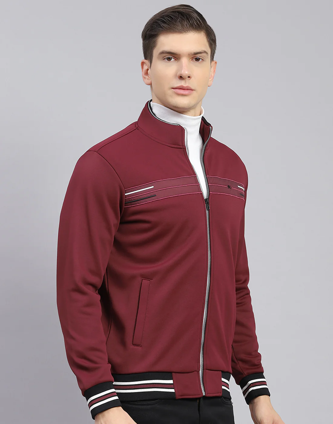 Men Maroon Solid Stand Collar Full Sleeve Sweatshirt - Image 6