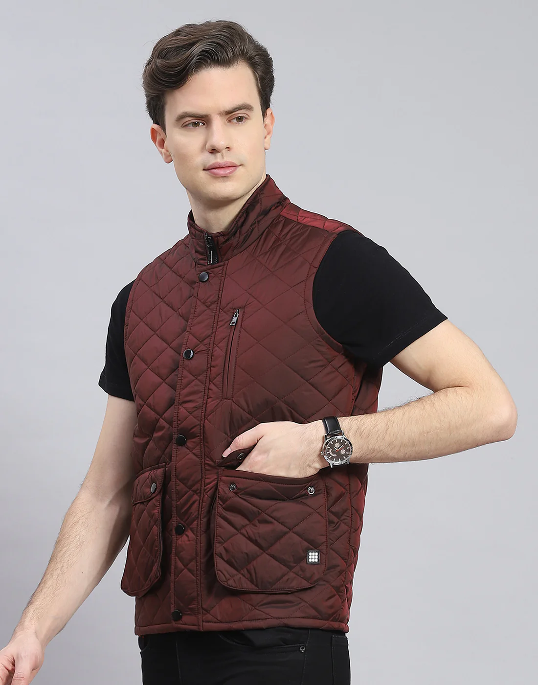 Rock.it Men Maroon Solid Stand Collar Sleeveless Jacket - Image 3