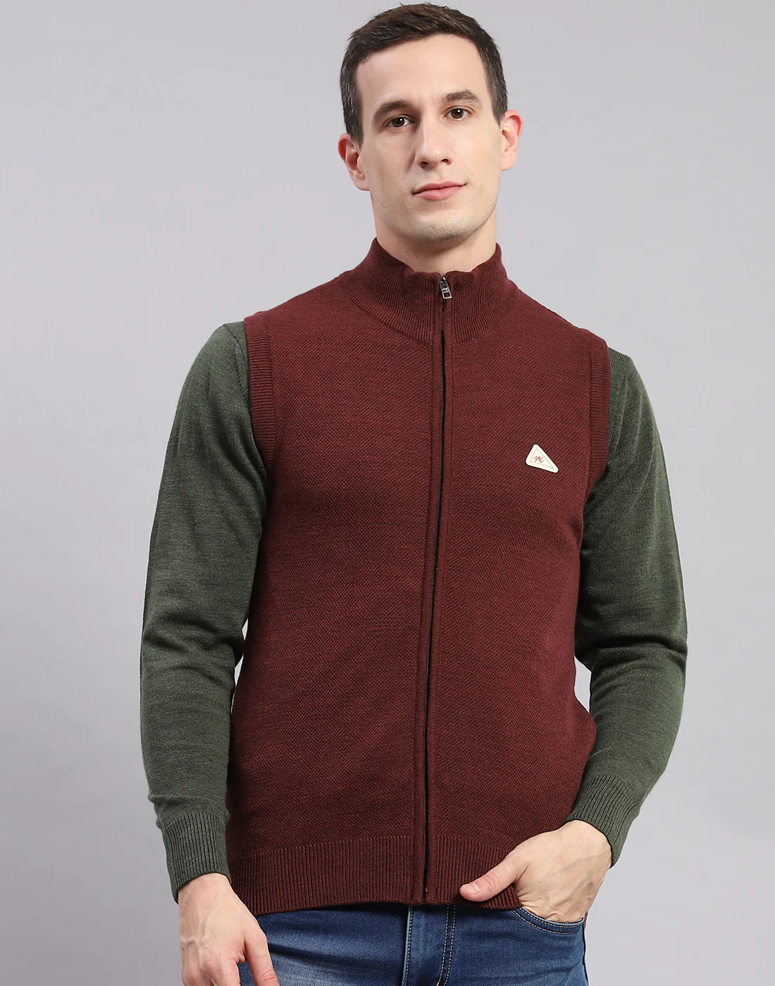 Men Maroon Solid Stand Collar Sleeveless Sweaters/Pullovers - Image 2