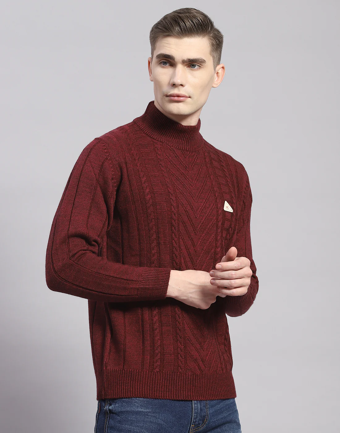 Men Maroon Solid T Neck Full Sleeve Pullover - Image 5