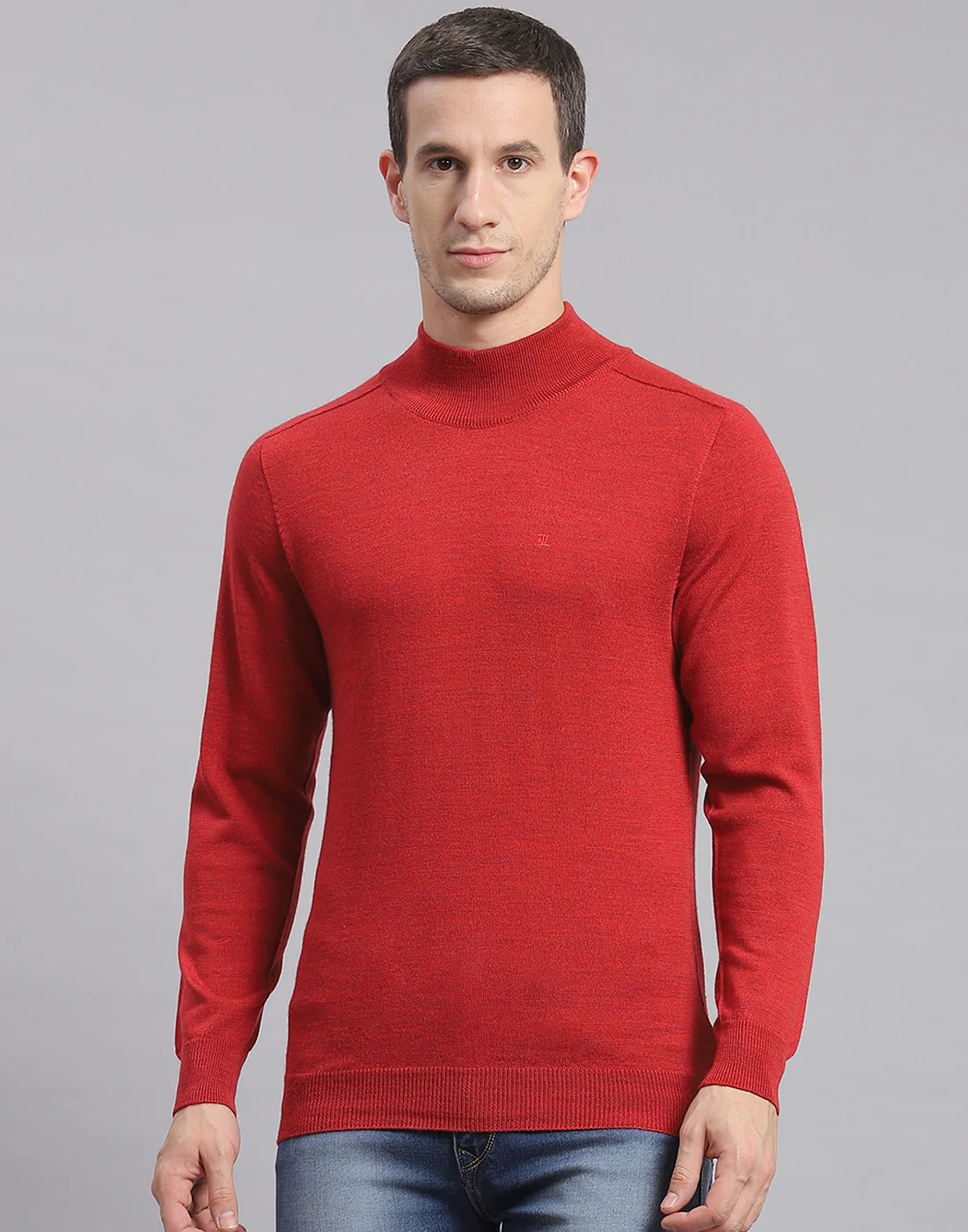 Men Maroon Solid T Neck Full Sleeve Sweater - Image 2