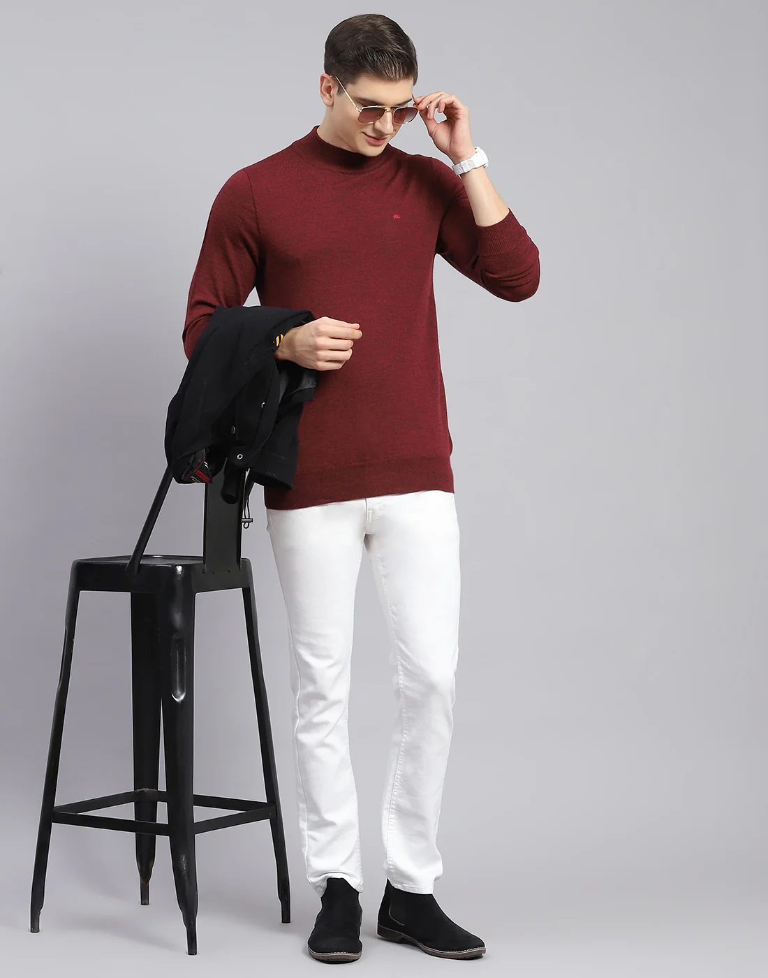 Men Maroon Solid T Neck Full Sleeve Sweater - Image 2