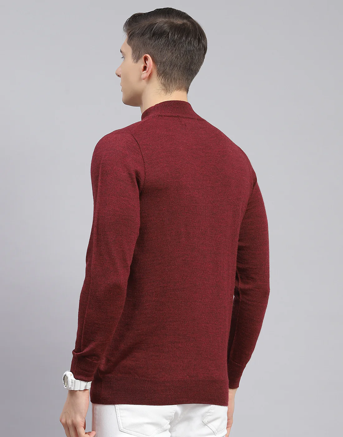Men Maroon Solid T Neck Full Sleeve Sweater - Image 7