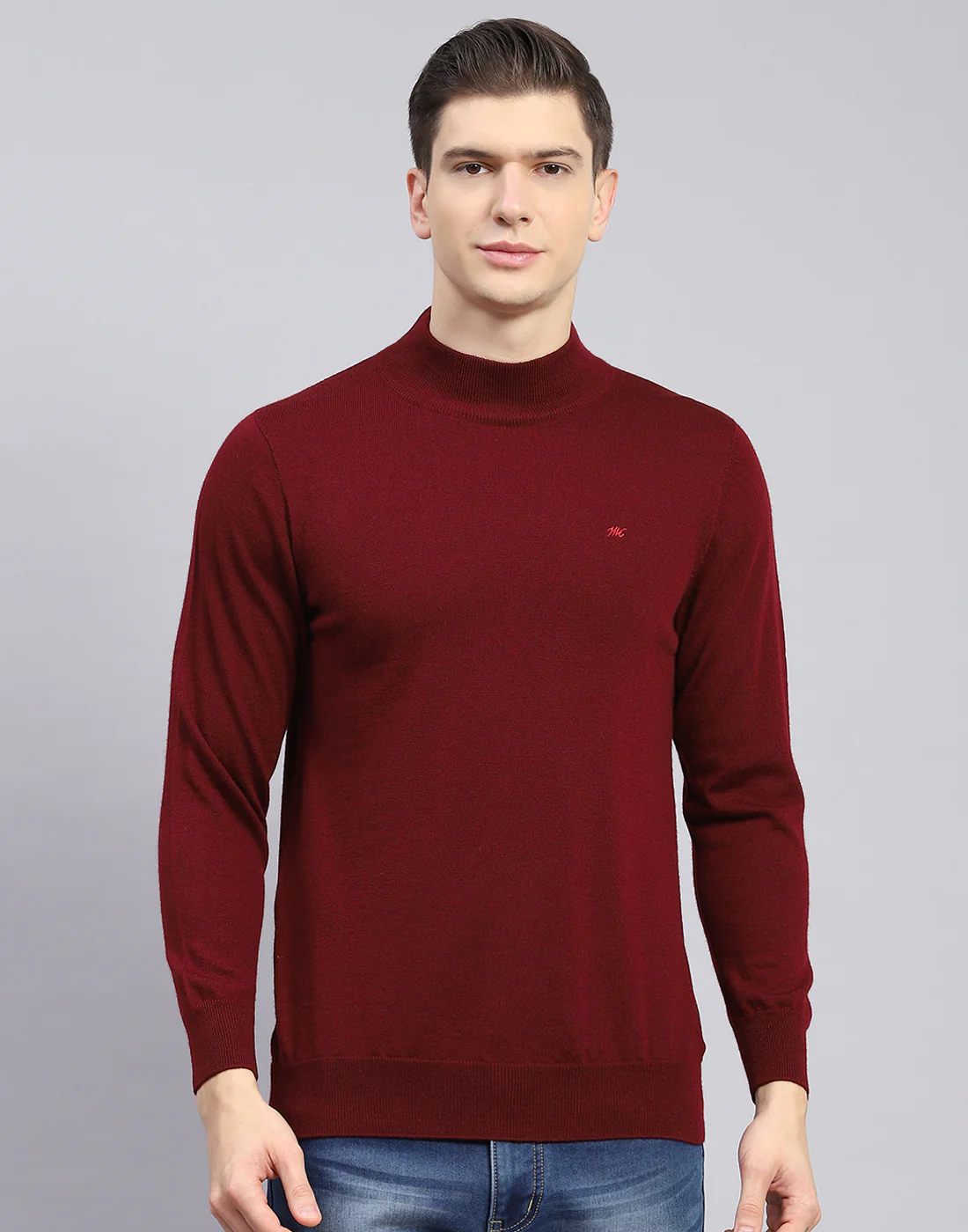 Men Maroon Solid T Neck Full Sleeve Sweater - Image 3