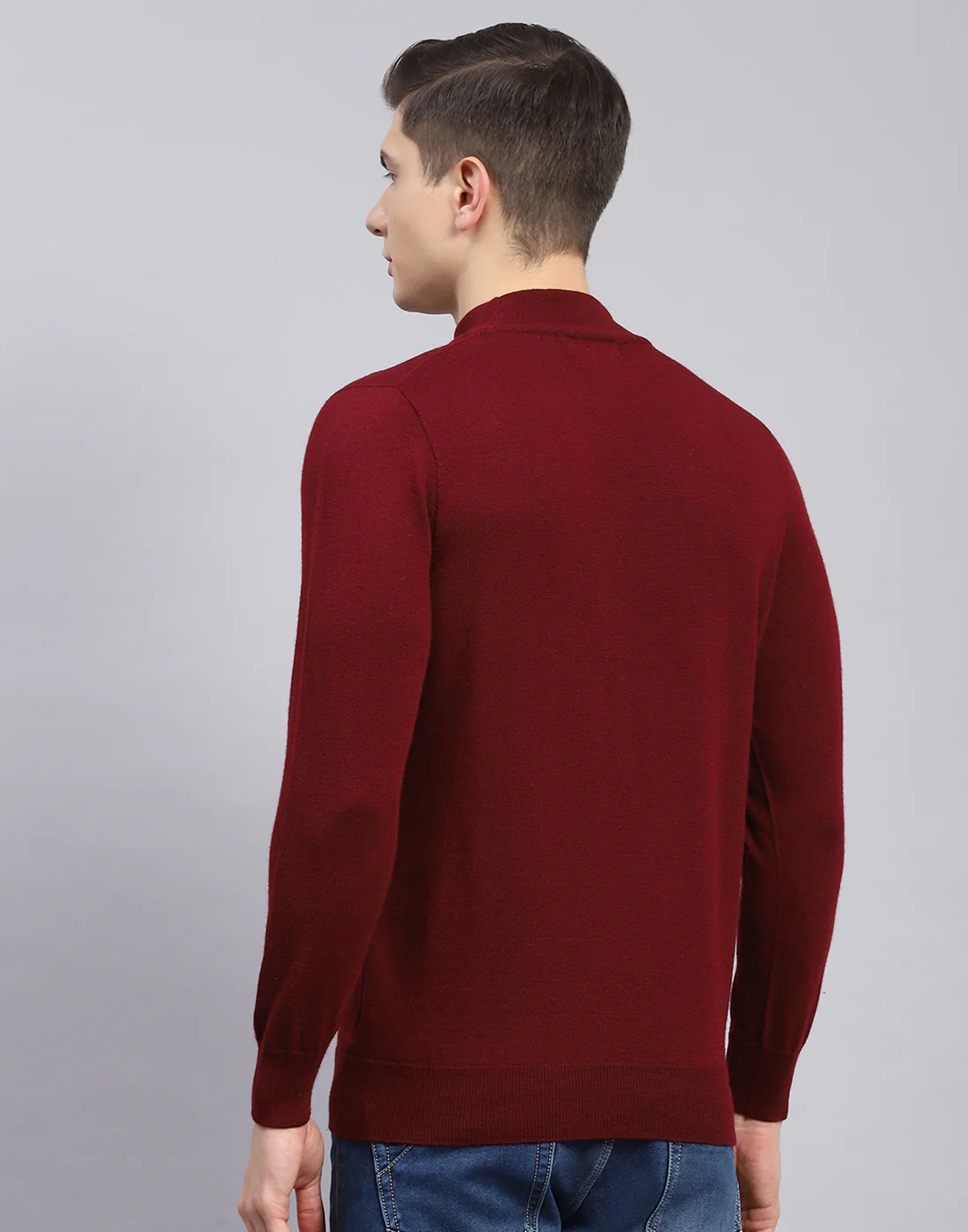 Men Maroon Solid T Neck Full Sleeve Sweater - Image 7