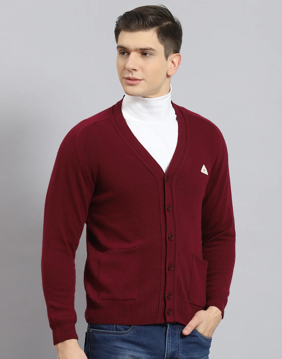 Men Maroon Solid V Neck Full Sleeve Cardigan - Image 6