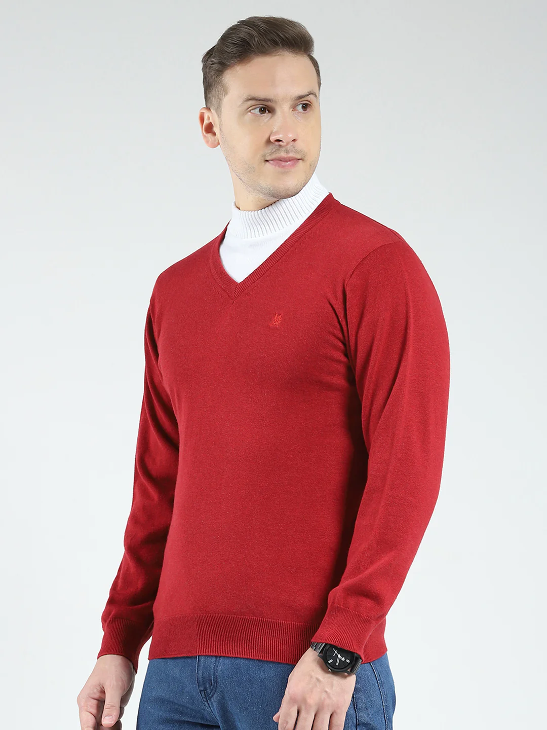 Men Maroon Solid V Neck Full Sleeve Pullover - Image 3