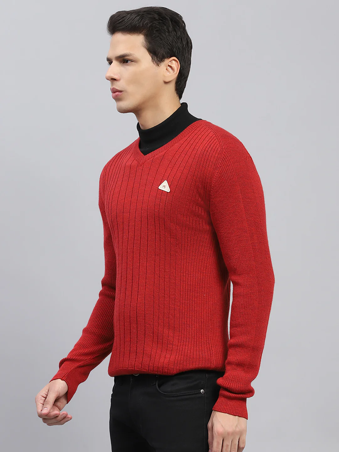 Men Maroon Solid V Neck Full Sleeve Pullover - Image 3