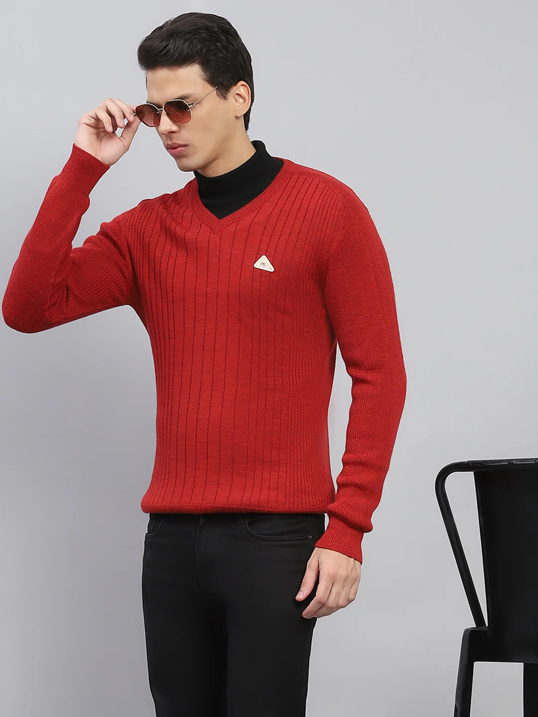 Men Maroon Solid V Neck Full Sleeve Pullover - Image 6