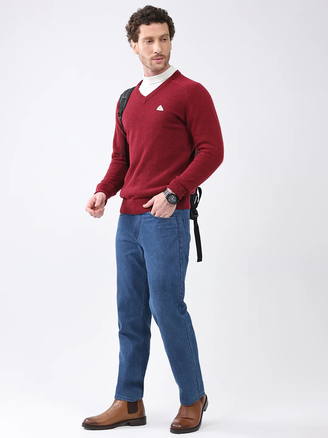 Men Maroon Solid V Neck Full Sleeve Pullover - Image 2