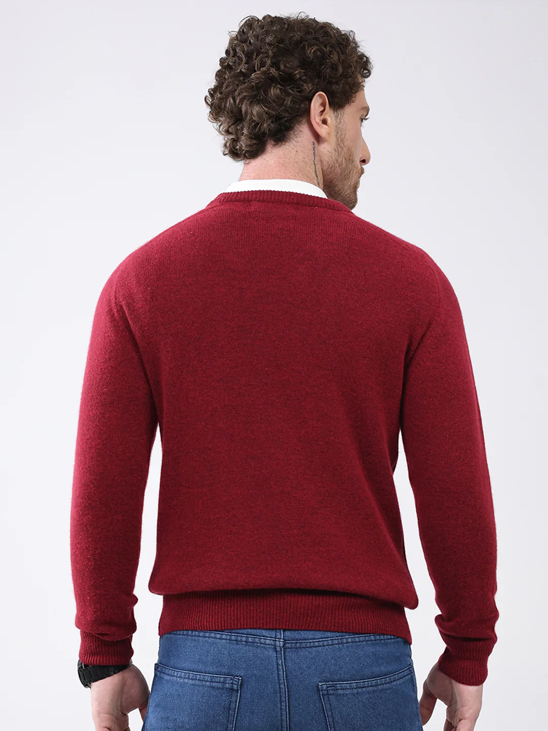 Men Maroon Solid V Neck Full Sleeve Pullover - Image 5