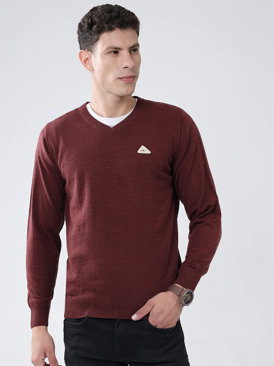 Men Maroon Solid V Neck Full Sleeve Pullover