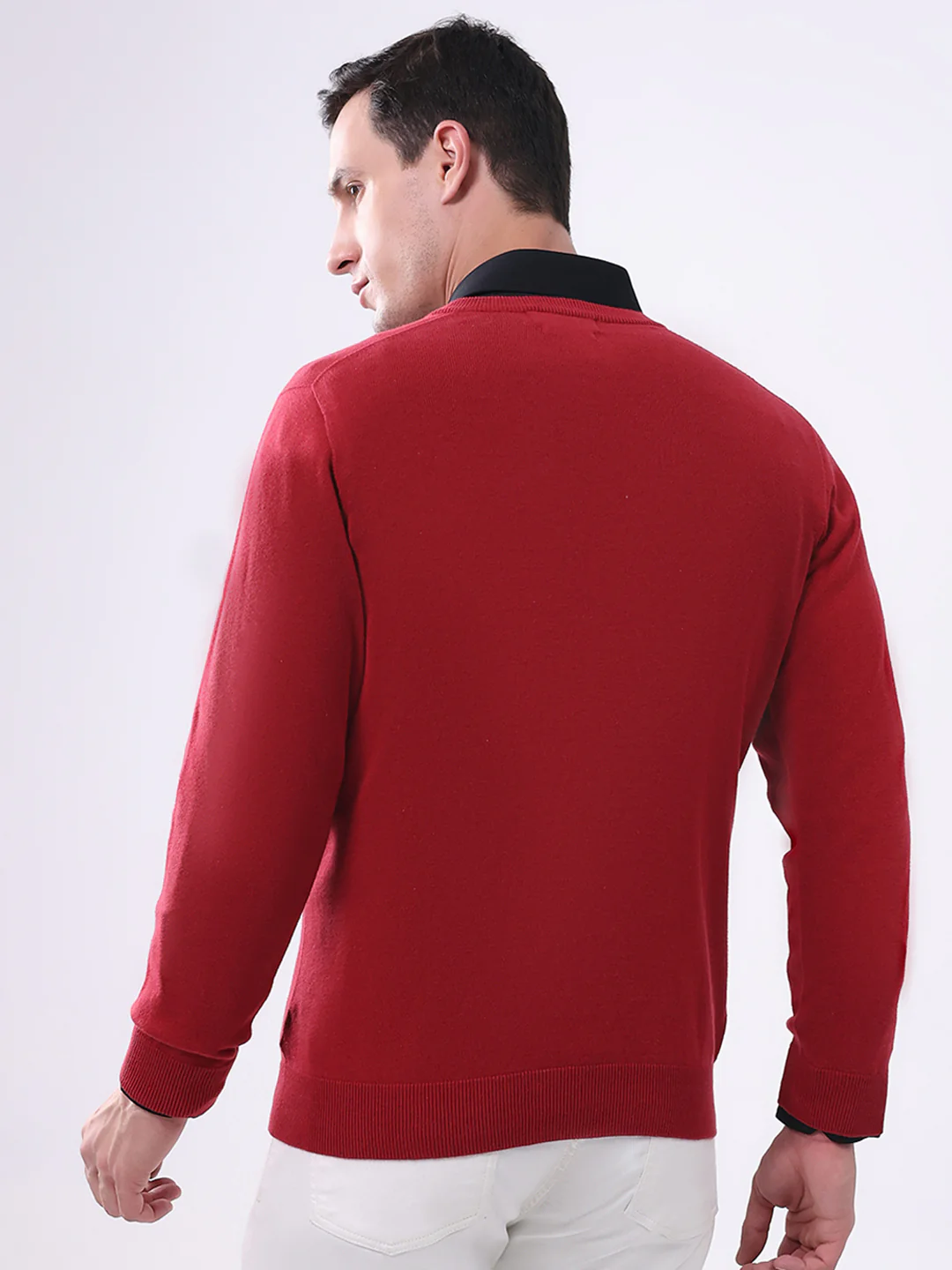 Men Maroon Solid V Neck Full Sleeve Pullover - Image 5