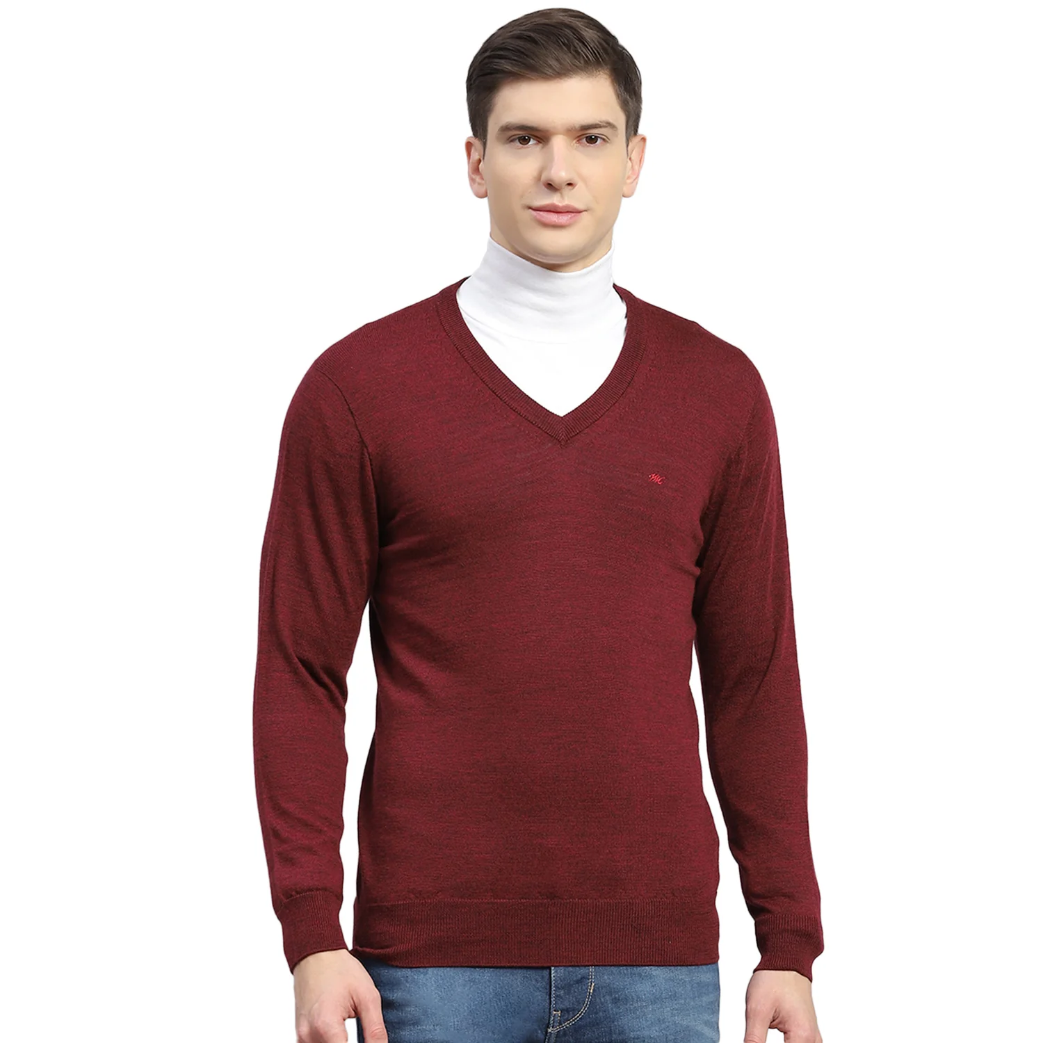 Men Maroon Solid V Neck Full Sleeve Sweater - Image 5