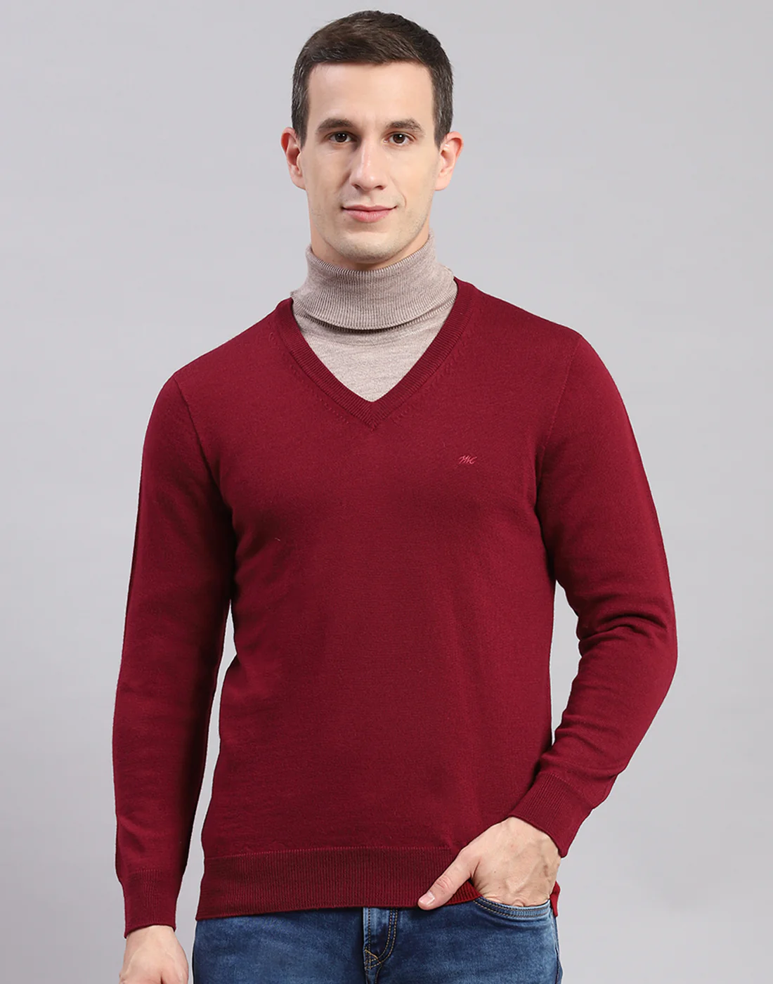 Men Maroon Solid V Neck Full Sleeve Sweaters/Pullovers - Image 2