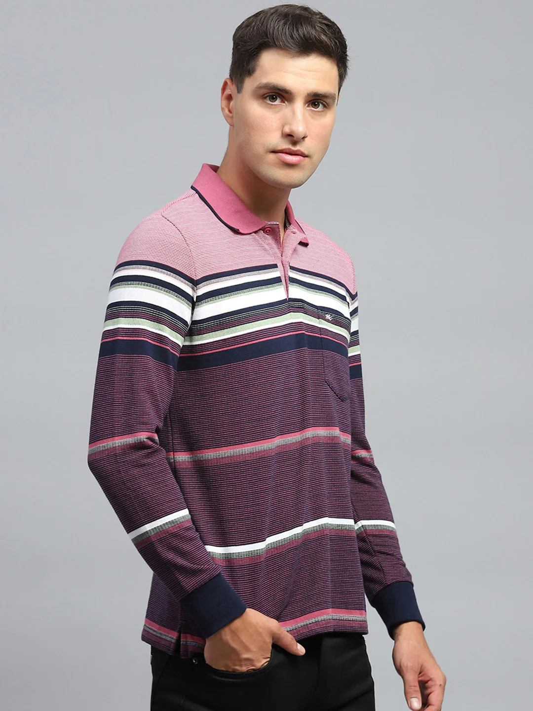 Men Maroon Stripe Collar Full Sleeve Winter T-Shirt - Image 4
