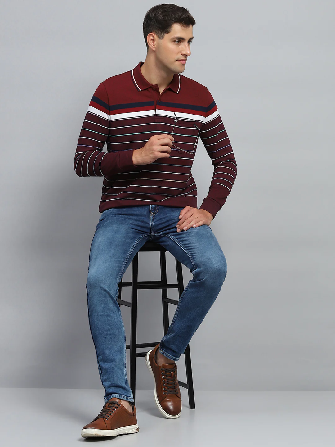 Men Maroon Stripe Collar Full Sleeve Winter T-Shirt - Image 2