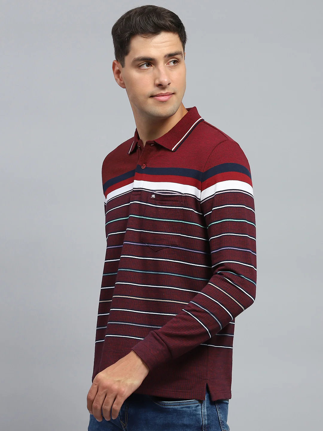 Men Maroon Stripe Collar Full Sleeve Winter T-Shirt - Image 3