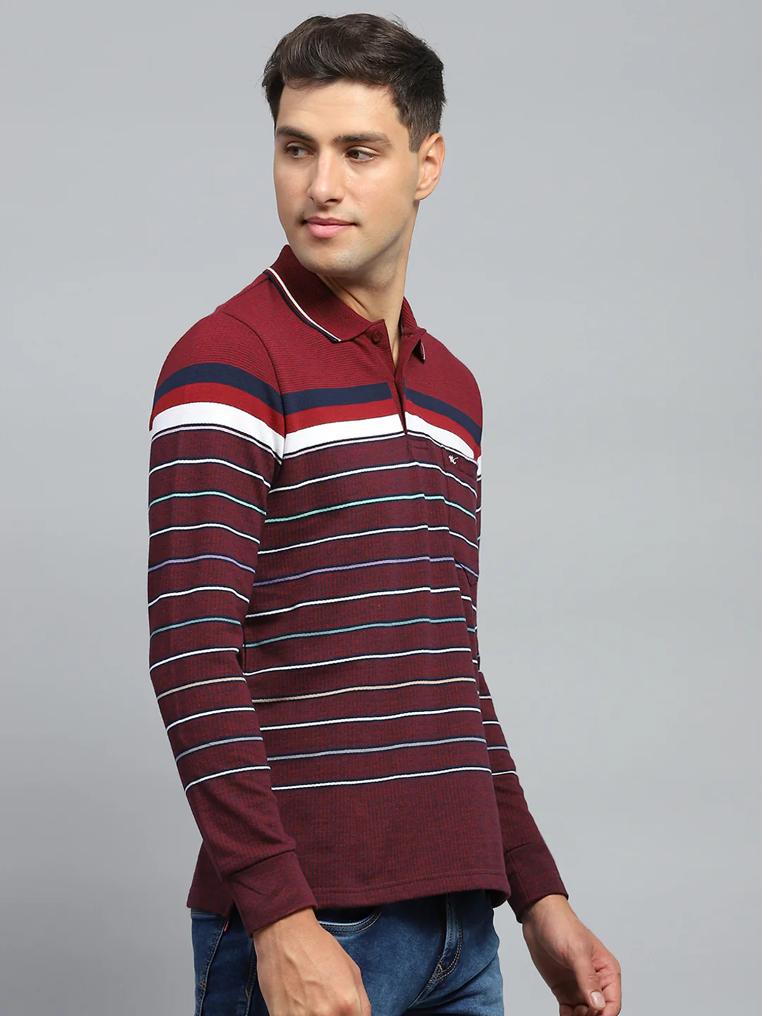 Men Maroon Stripe Collar Full Sleeve Winter T-Shirt - Image 4