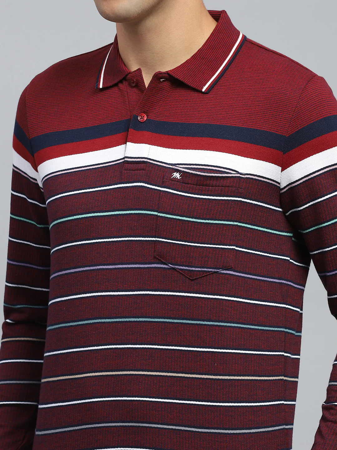 Men Maroon Stripe Collar Full Sleeve Winter T-Shirt - Image 6
