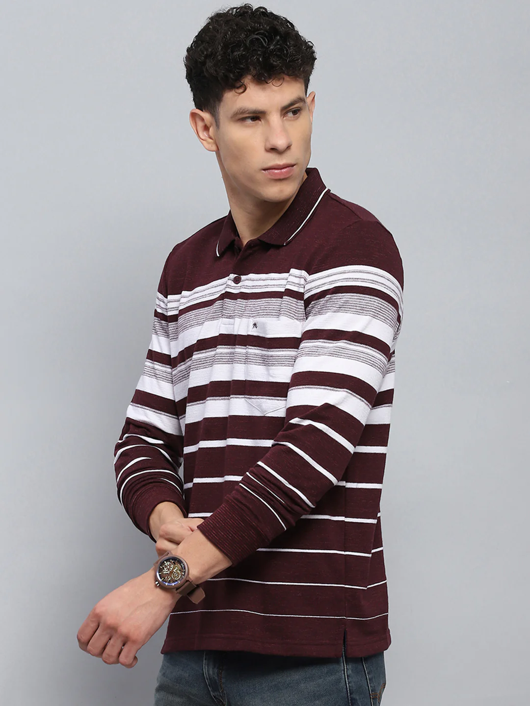 Men Maroon Stripe Collar Full Sleeve Winter T-Shirt - Image 3
