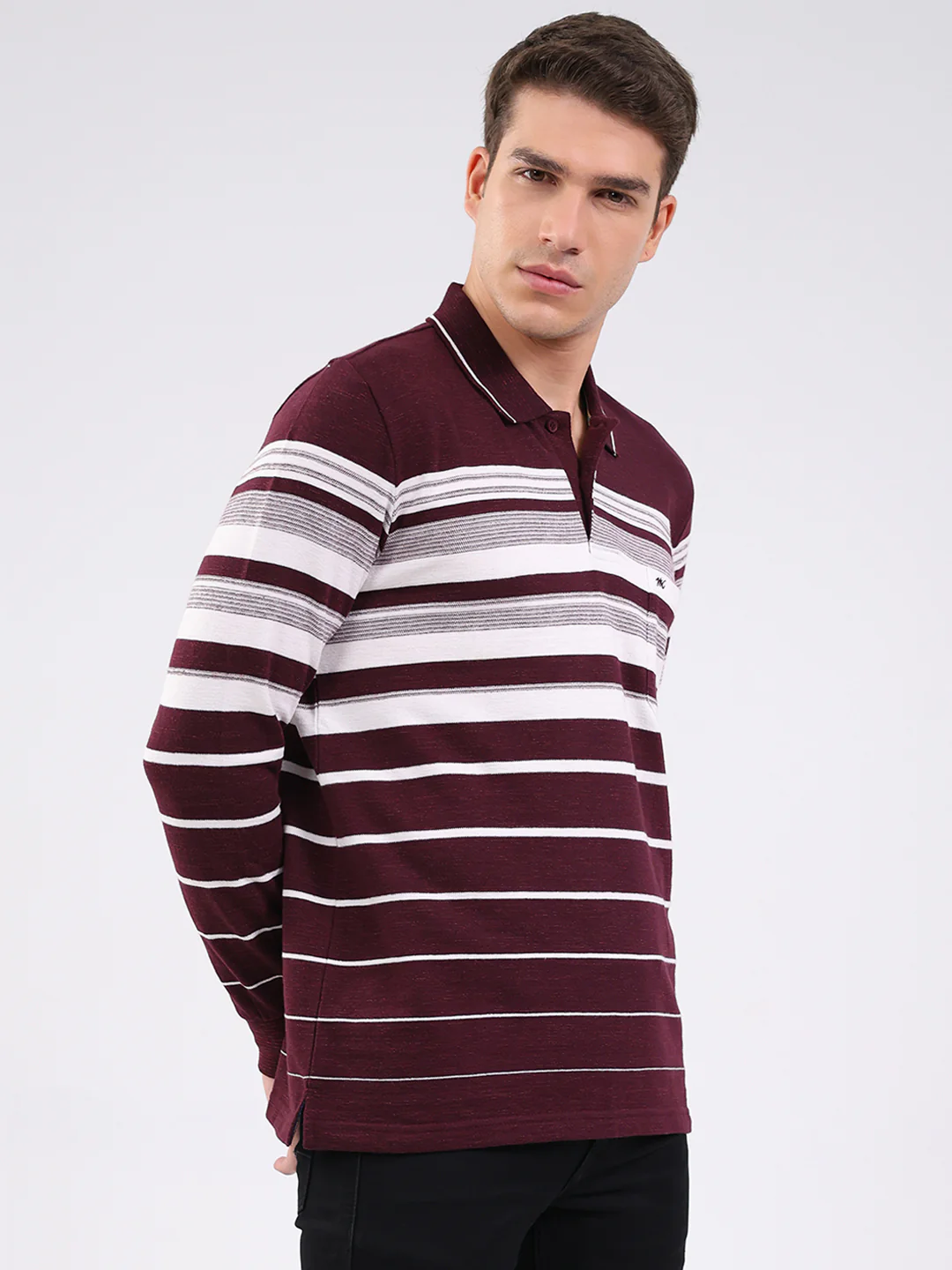 Men Maroon Stripe Collar Full Sleeve Winter T-Shirt - Image 4