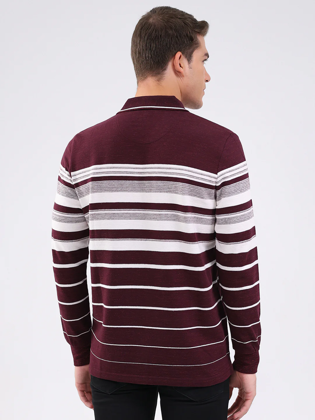 Men Maroon Stripe Collar Full Sleeve Winter T-Shirt - Image 5