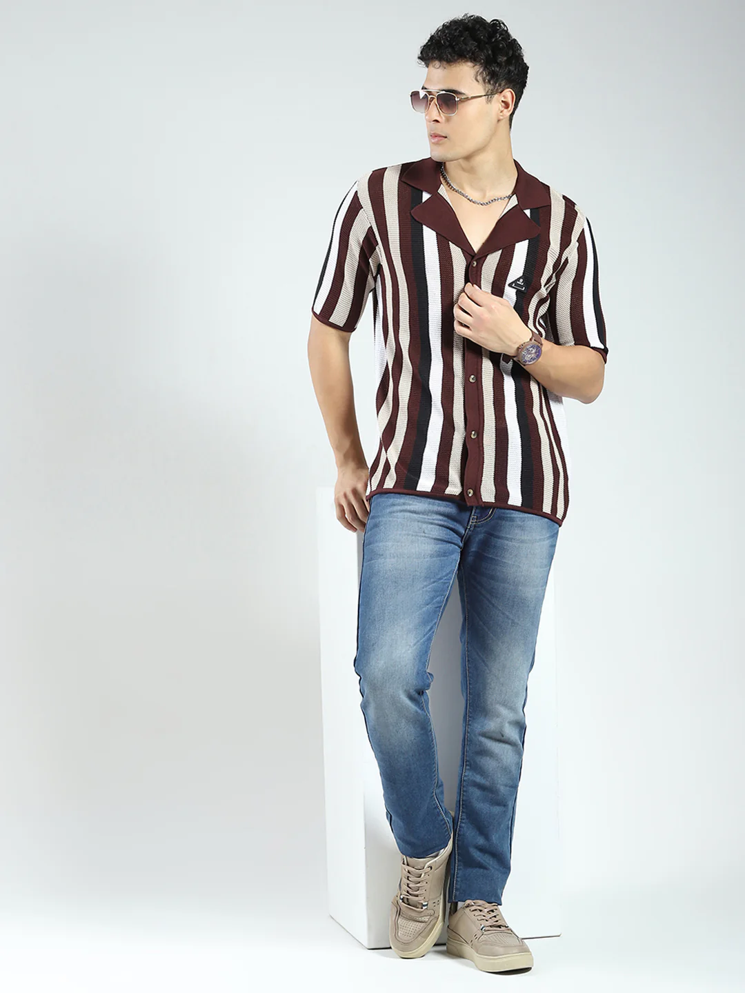 Rock.it Men Maroon Stripe Collar Half Sleeve Shirt - Image 2