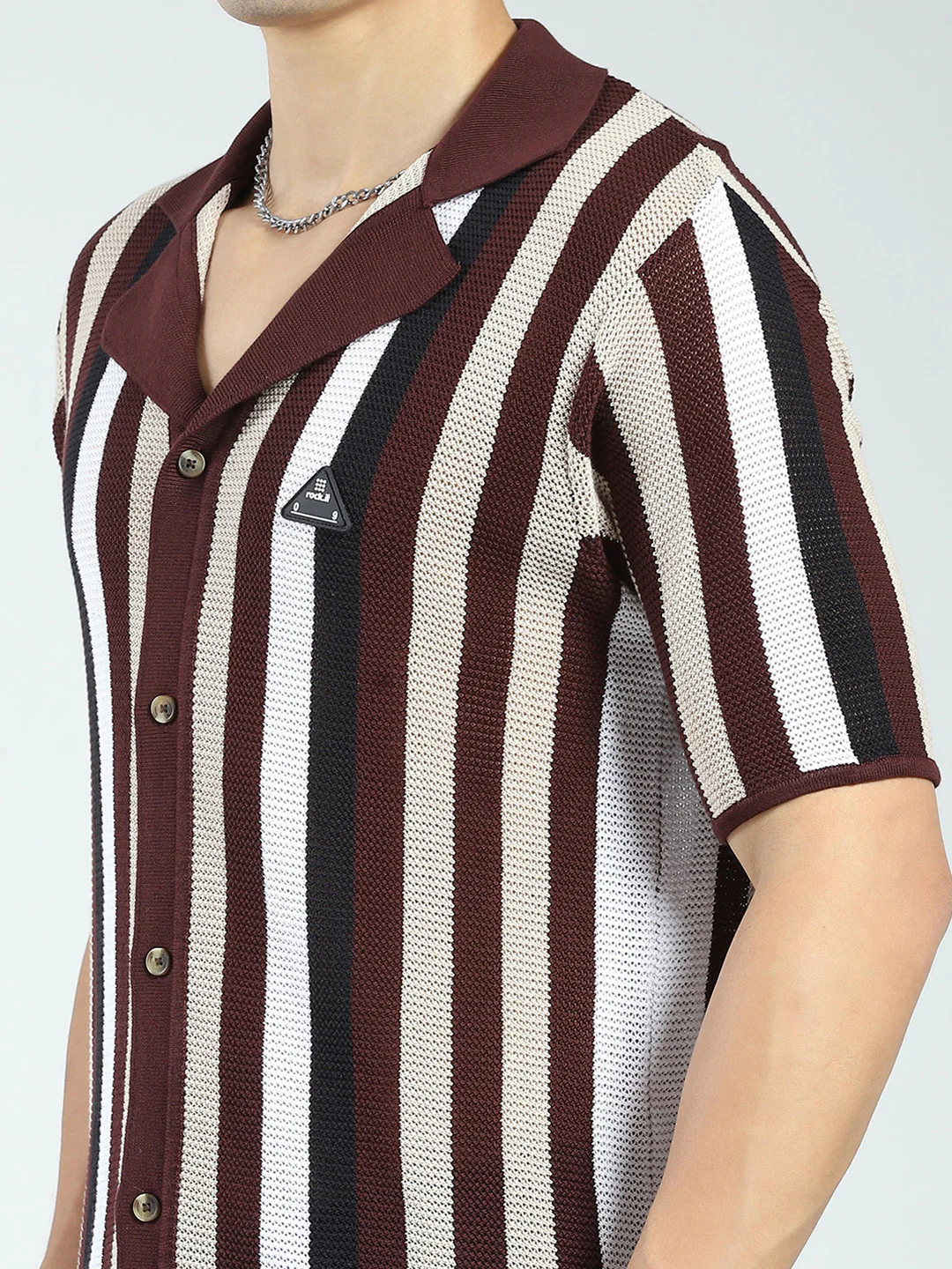 Rock.it Men Maroon Stripe Collar Half Sleeve Shirt - Image 6