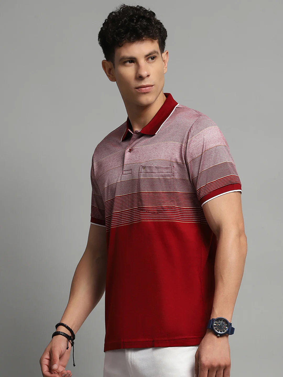 Luxuria Men Maroon Stripe Collar Half Sleeve T-Shirt - Image 3