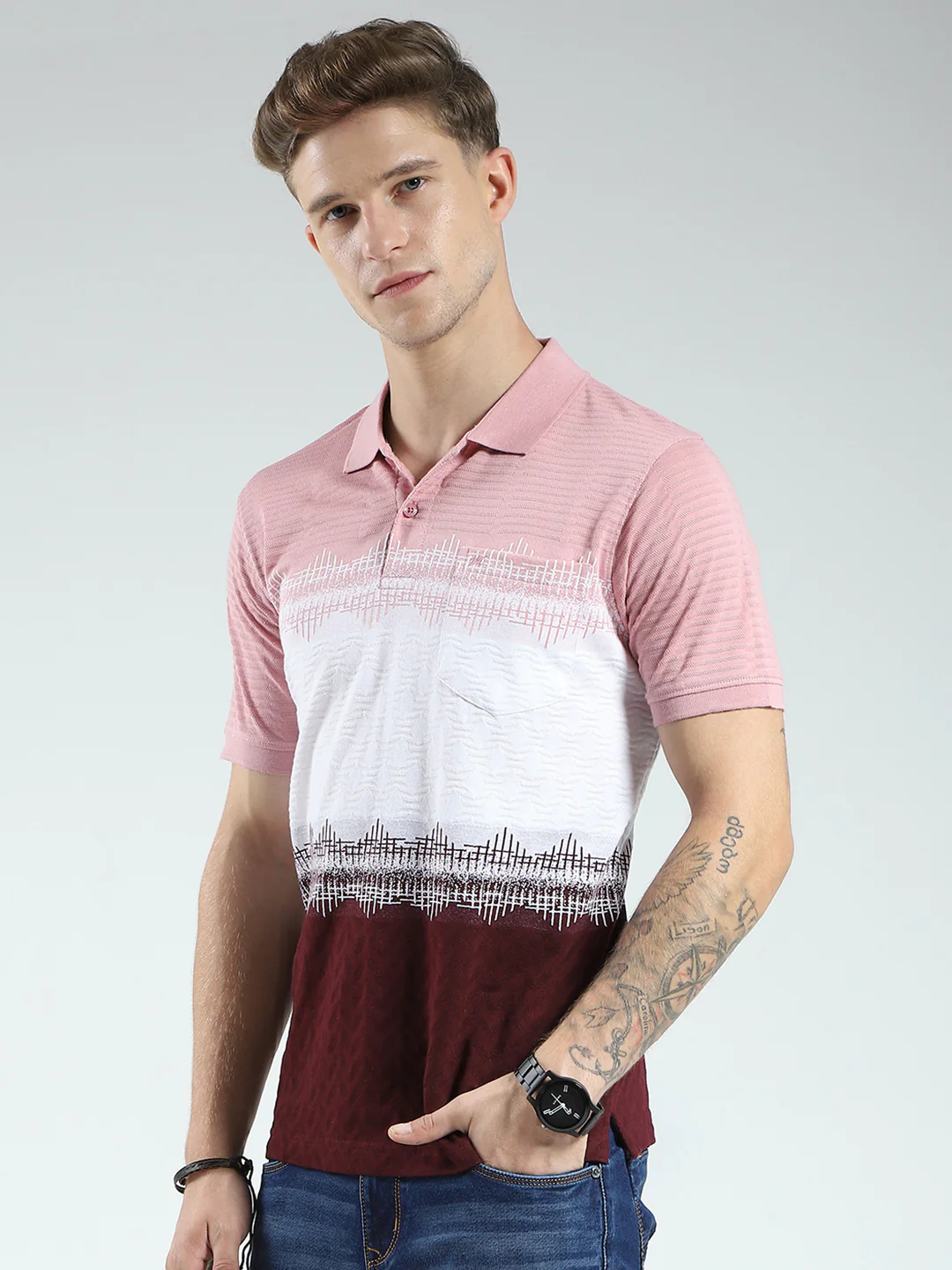 Men Maroon Stripe Collar Half Sleeve T-Shirt - Image 3