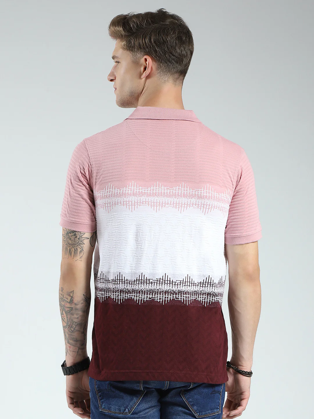 Men Maroon Stripe Collar Half Sleeve T-Shirt - Image 5