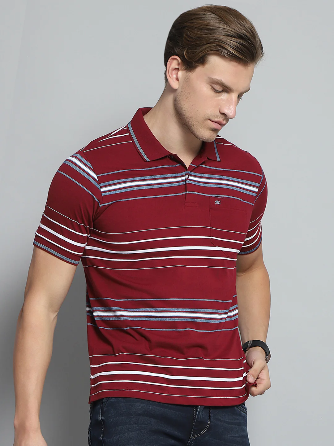 Men Maroon Stripe Collar Half Sleeve T-Shirt - Image 4