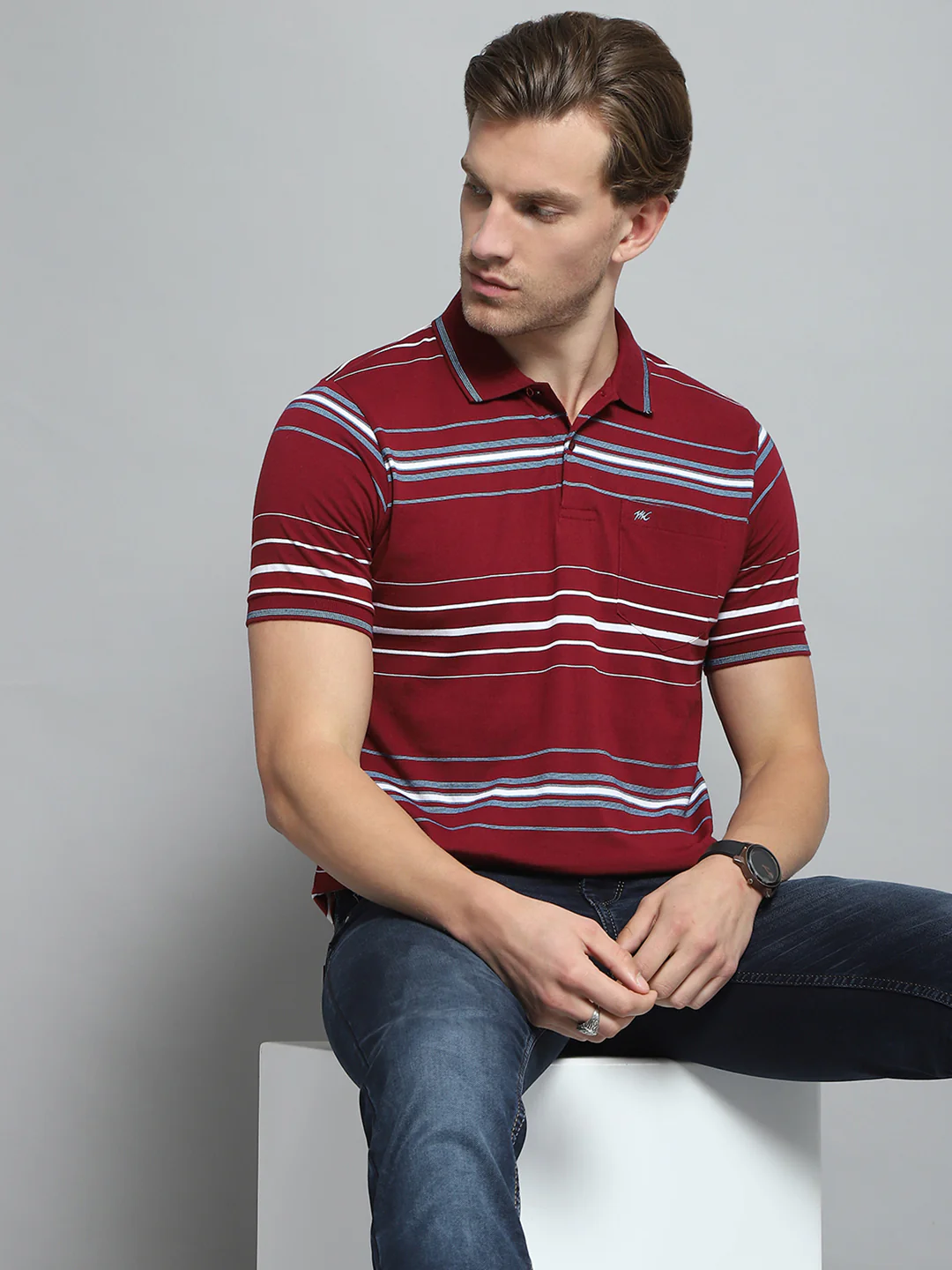 Men Maroon Stripe Collar Half Sleeve T-Shirt - Image 6