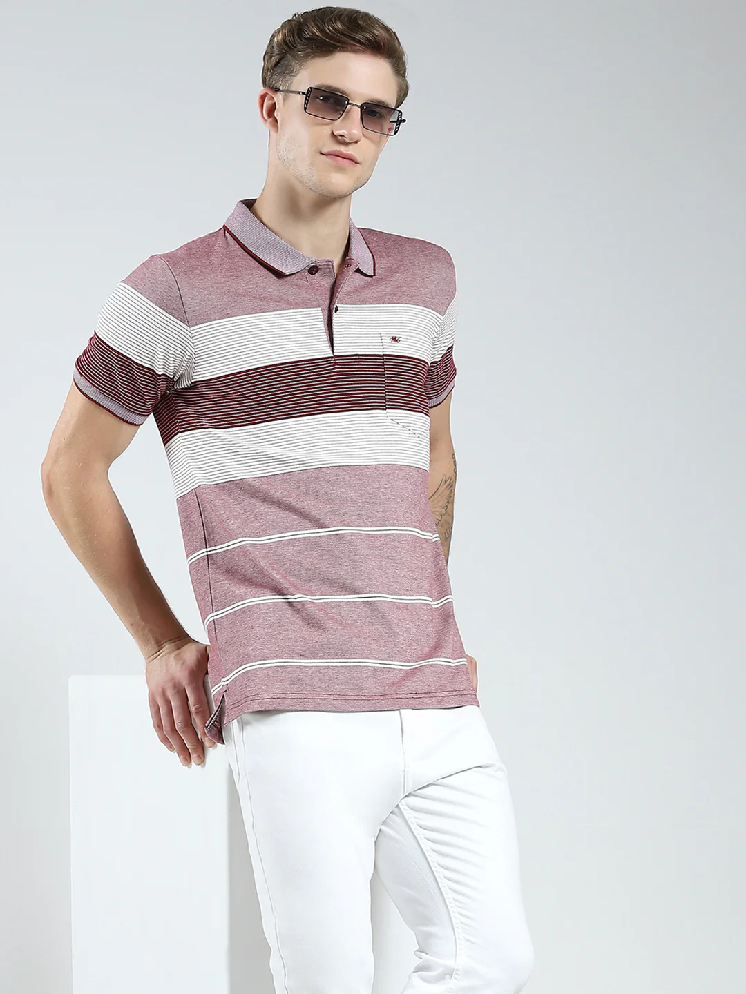 Men Maroon Stripe Collar Half Sleeve T-Shirt - Image 6