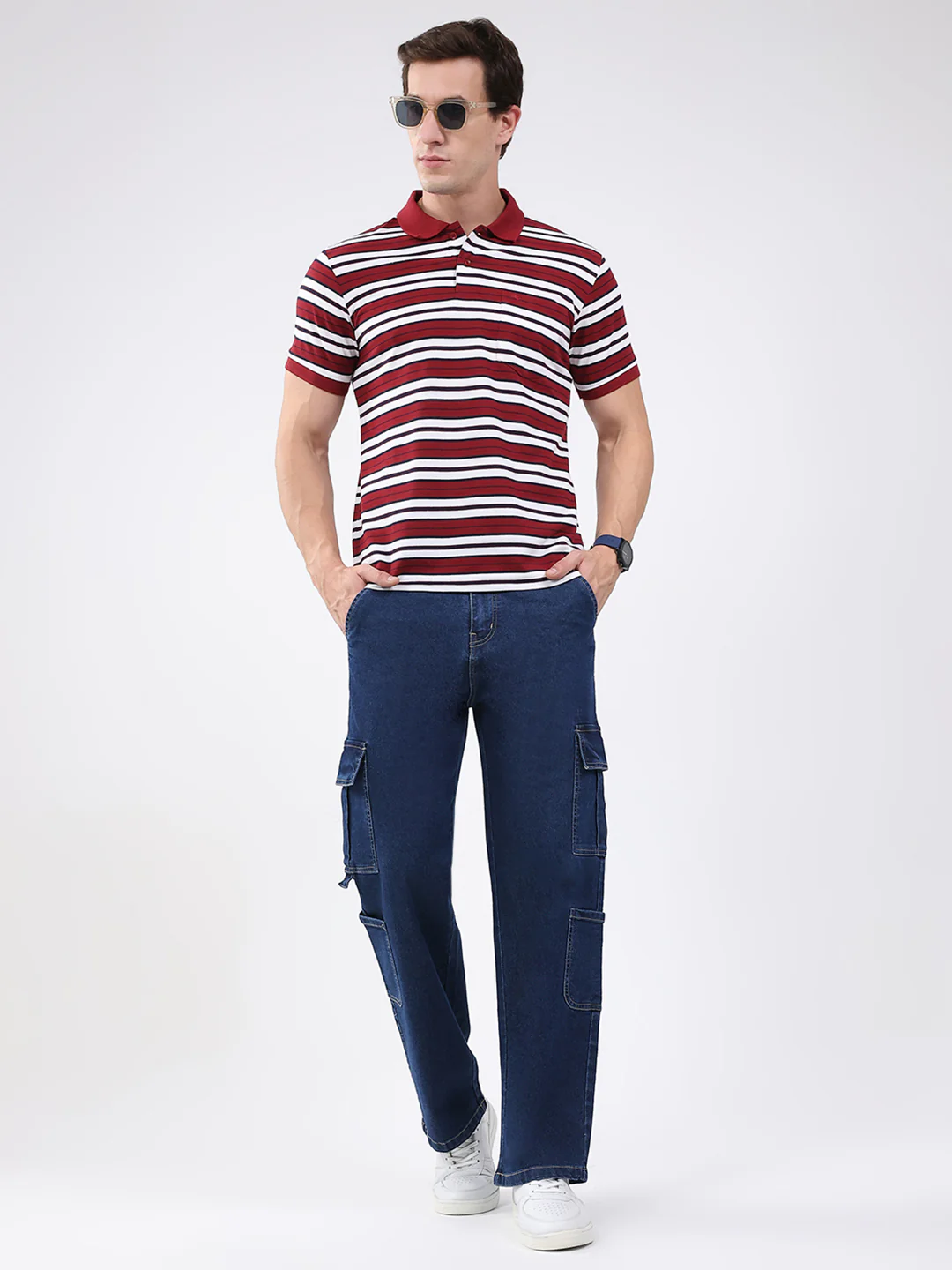 Men Maroon Stripe Collar Half Sleeve T-Shirt - Image 2