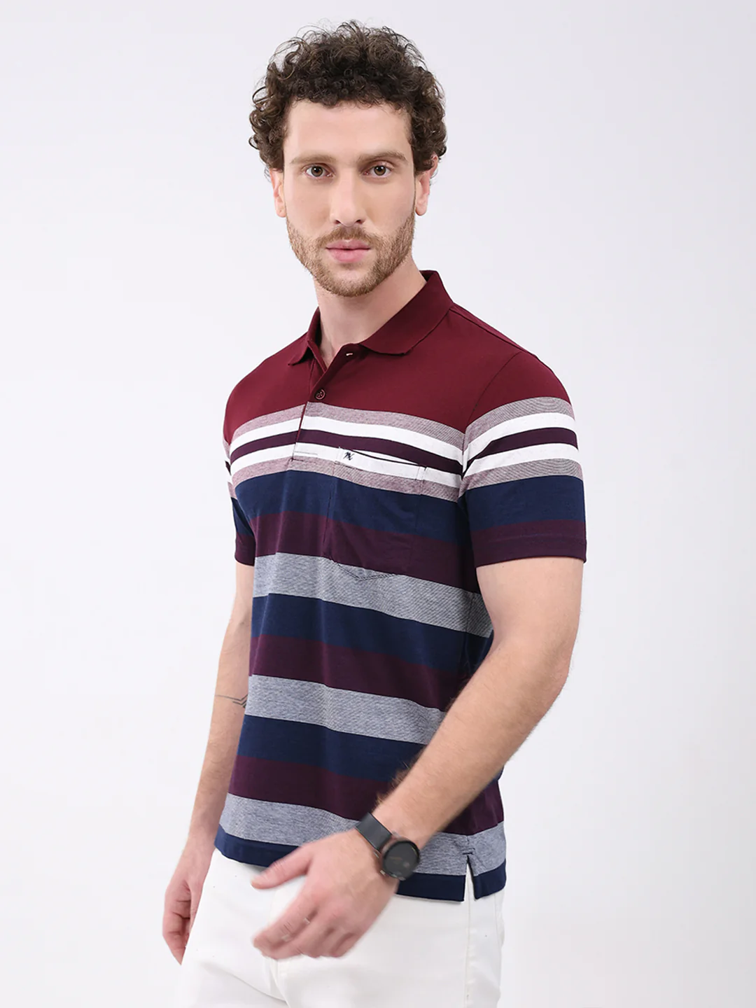 Men Maroon Stripe Collar Half Sleeve T-Shirt - Image 3