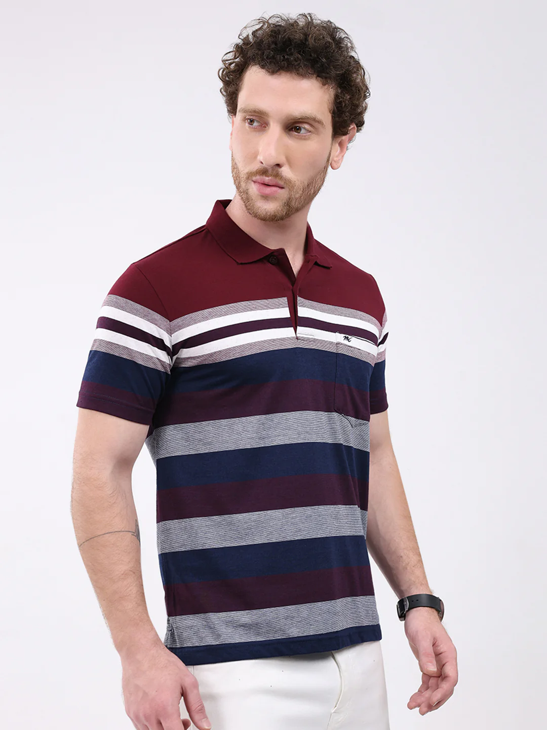 Men Maroon Stripe Collar Half Sleeve T-Shirt - Image 4