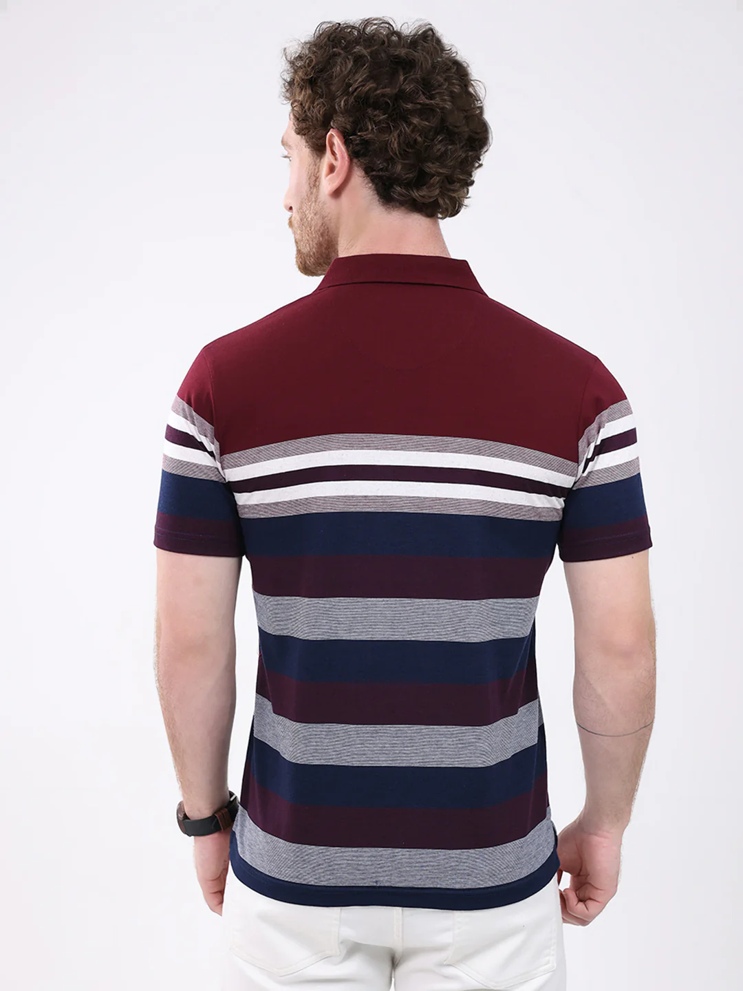 Men Maroon Stripe Collar Half Sleeve T-Shirt - Image 5
