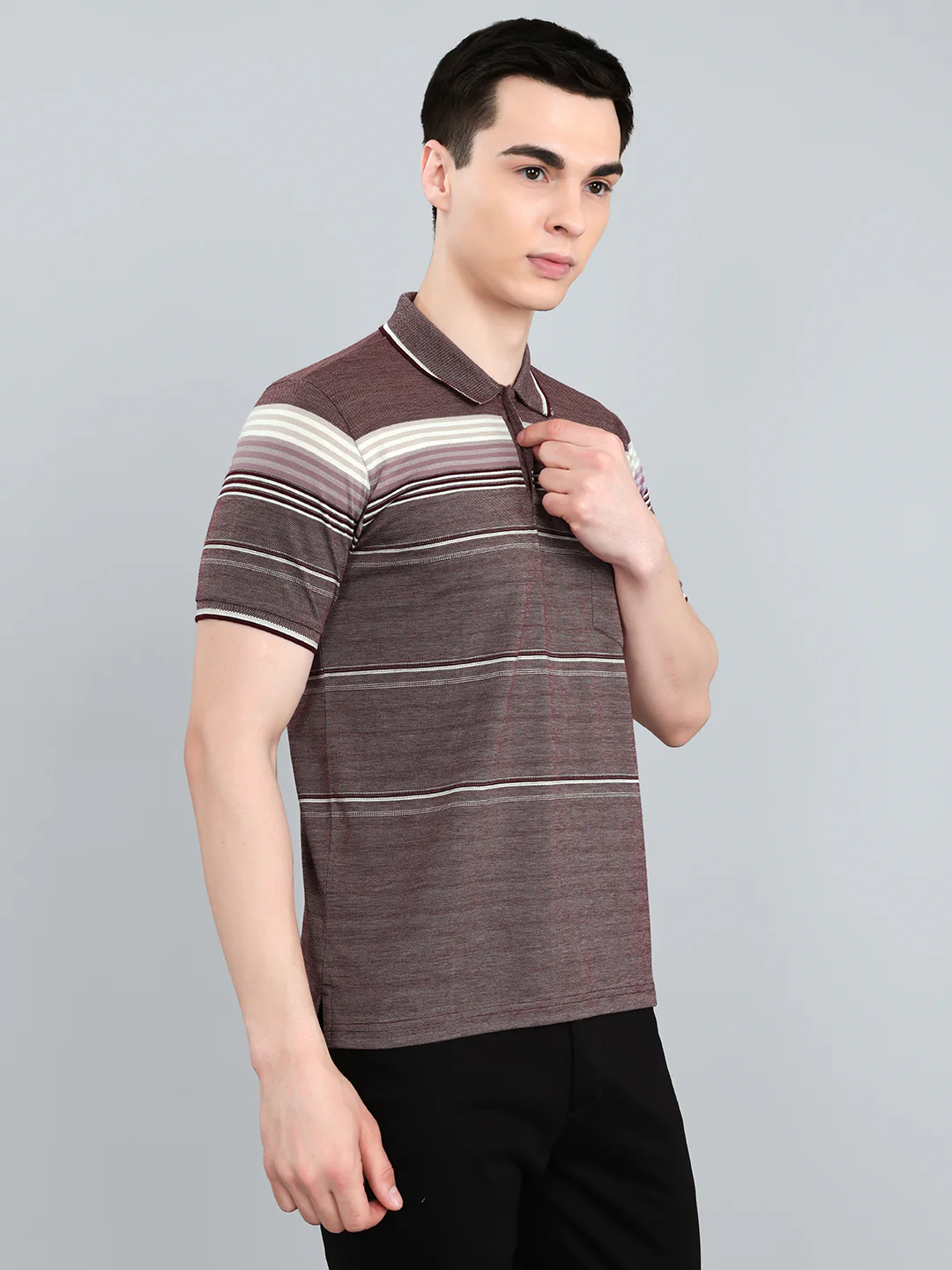 Men Maroon Stripe Collar Half Sleeve T-Shirt - Image 3