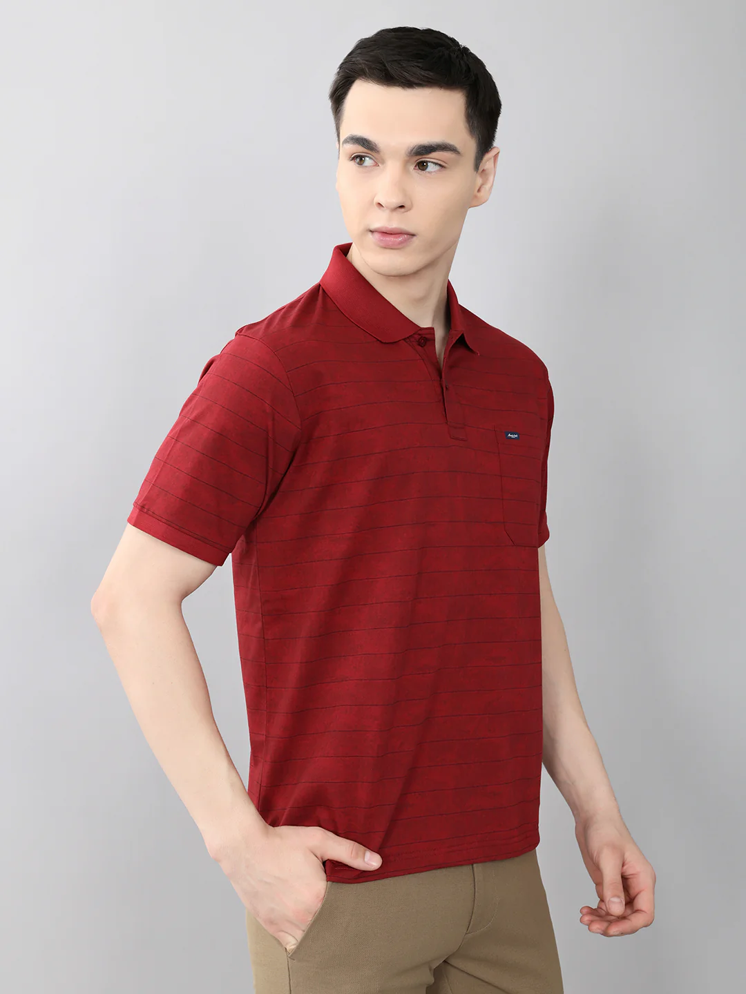Men Maroon Stripe Collar Half Sleeve T-Shirt - Image 3