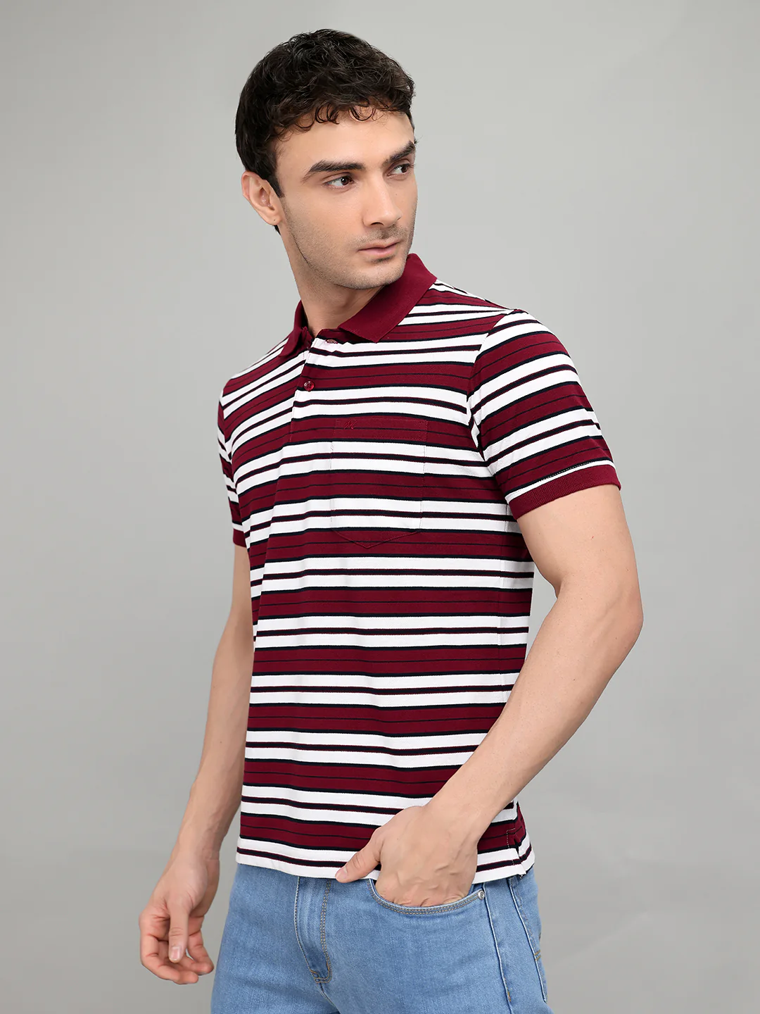 Men Maroon Stripe Collar Half Sleeve T-Shirt - Image 2